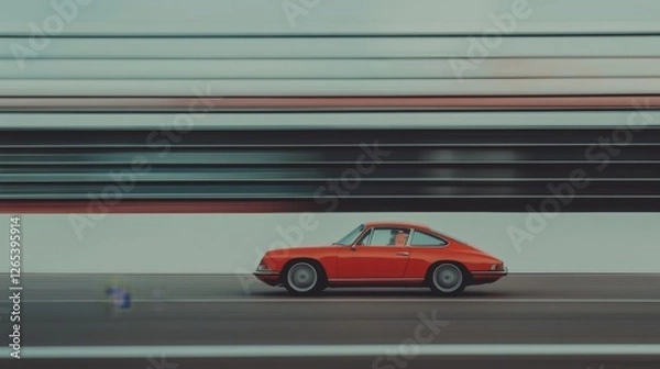 Fototapeta Red classic car speeding on track, blurred background