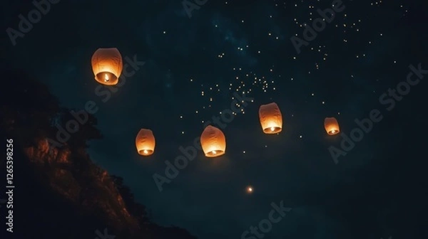 Fototapeta Magical Night Sky: Floating Lanterns Illuminate the Darkness with Warmth