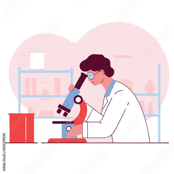 Fototapeta An illustration of a scientist, possibly of European descent, working with a microscope in a laboratory with various tools in the background.