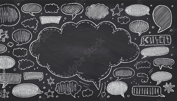 Fototapeta Cute crayon frame speech bubble set. Crayon chalkboard background speech bubble frame. Hand drawn chalk pencil dialog balloon, japan handwriting doodle text cloud. Vector