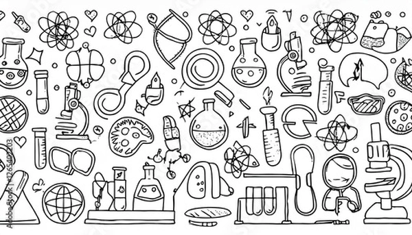 Obraz Laboratory doodle icon set. Hand drawn sketch line doodle style scientific education, chemistry laboratory, medicine experiment icon. Microscope, atom, magnet outline element. perfect any project.