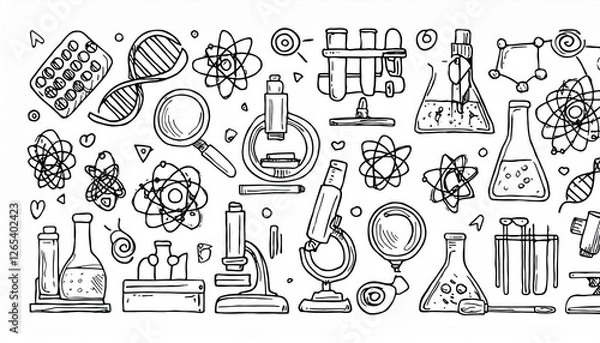 Fototapeta Laboratory doodle icon set. Hand drawn sketch line doodle style scientific education, chemistry laboratory, medicine experiment icon. Microscope, atom, magnet outline element. perfect any project.
