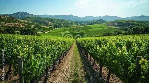 Fototapeta Expansive vineyard landscape with rows of grapevines under a clear blue sky