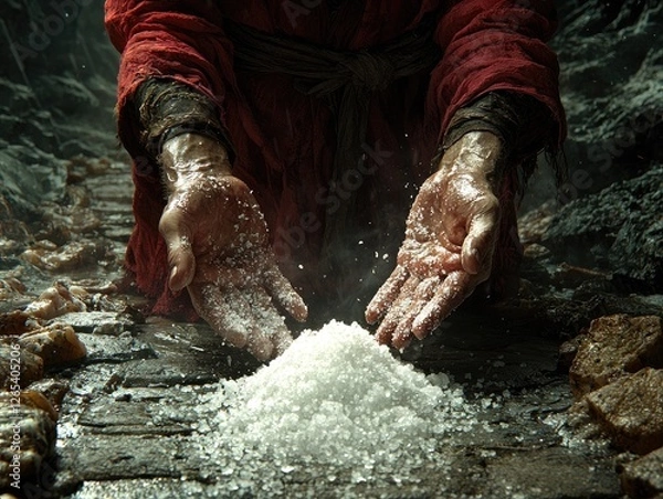 Obraz Person in red robe offering salt, dark cave setting. Possible use Religion, history