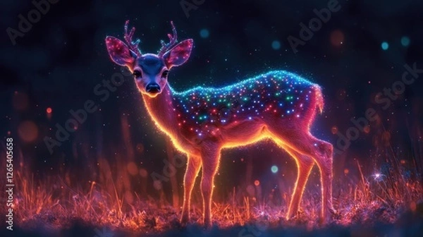 Fototapeta Chinese Water Deer with rainbow sparkling dots.