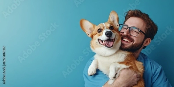 Fototapeta Happy man vet doctor in blue uniform cuddling pembroke welsh corgi dog, playing with little dog after treatment, free space, Generative AI
