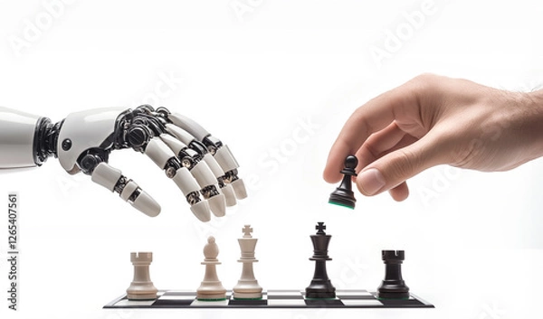 Obraz A chess game between ai robot and a human on white background. Artificial intelligence technology.