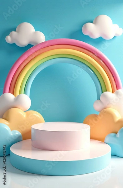 Fototapeta Empty podium on blue background, rainbow and clouds, cute kids studio, template.