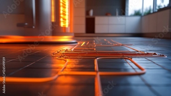 Fototapeta Underfloor Heating Installation: Warm Water Pipes with Insulation