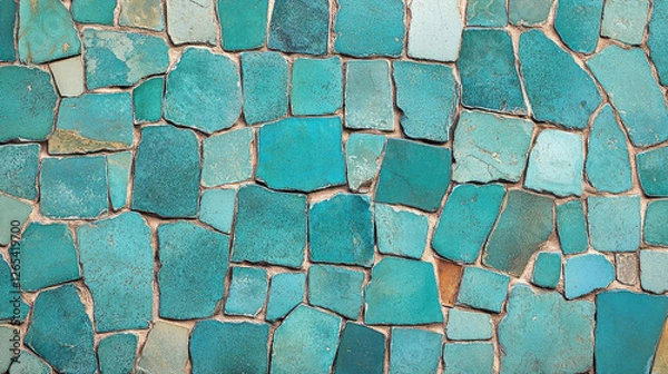 Fototapeta A vibrant turquoise mosaic tile wall showcasing irregular shapes and textures perfect for backgrounds and artistic designs evoking a sense of serenity and visual interest