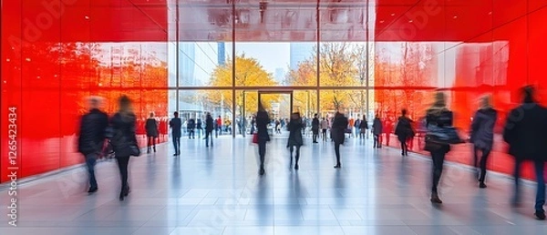 Fototapeta Modern Architecture with Red Wall and Blurred People Walking Through a Bright Hallway