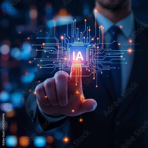 Obraz  IA Symbole d'icône de circuit électronique en forme de carte mère d'IA Intelligence Artificielle, main d'un homme d'affaires touchant avec un éclairage néon cyberpunk 