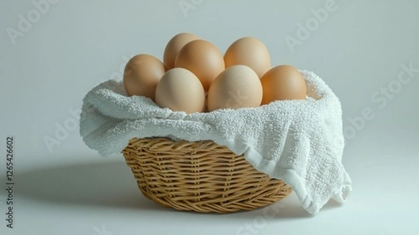 Fototapeta Fresh Chicken Eggs in a Basket with Towel