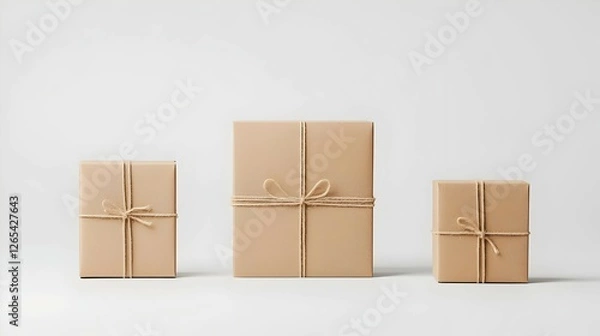 Obraz Three Brown Kraft Gift Boxes Tied With Twine On White Background