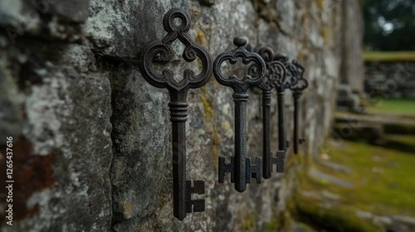 Fototapeta Antique Keys on Ancient Stone Wall: A Glimpse into History