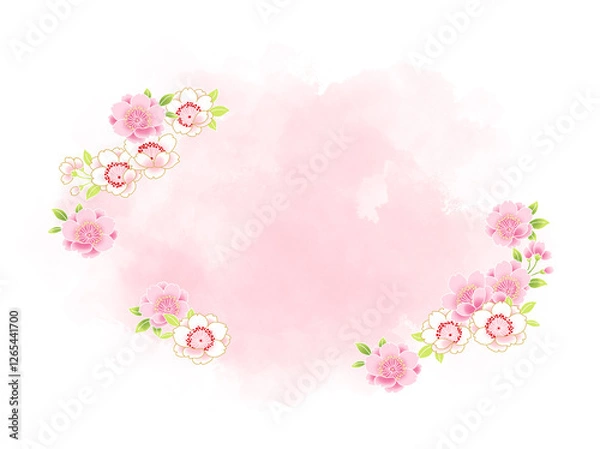 Fototapeta 桜と水彩テクスチャの横フレーム