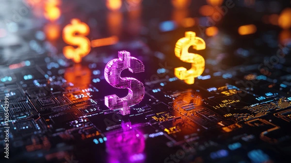 Fototapeta Holographic currency symbols elegantly hovering over digital circuit board, creating vibrant and futuristic atmosphere