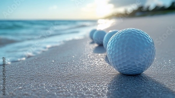 Fototapeta White golf balls lined up on a sandy beach with ocean waves and a sunset in the background