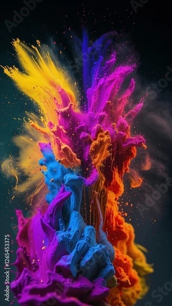 Fototapeta The multi-colored colors of Holi mix with each other and scatter in different directions. Bright abstract vertical background. High quality photo