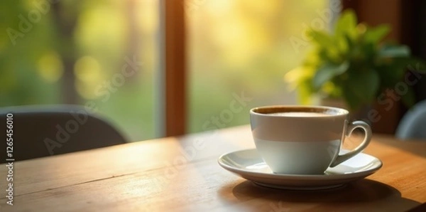 Obraz Cozy morning atmosphere with coffee cup on a wooden table, calm, light