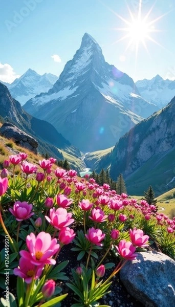 Fototapeta Sunlit alpines peek from beneath pristine snow, alpine flowers, mountain peaks