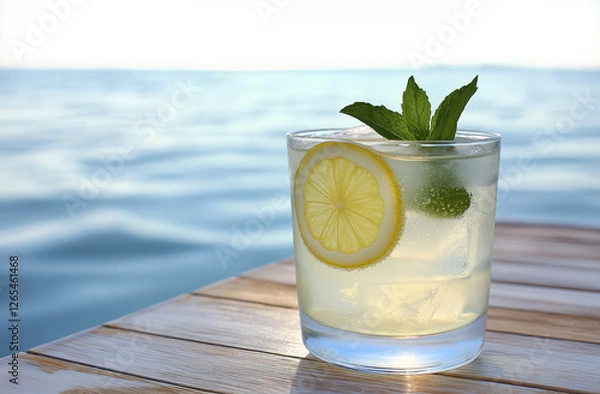 Fototapeta Fresh Lemonade with Ice, Mint, and Lemon Slice in Glass, Tropical Summer Drink with Dewdrops on Seafoam Bokeh Background, Cinematic Style Healthy Beverage for Relaxing Hydration