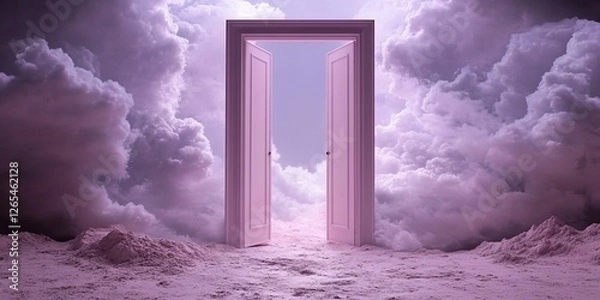 Fototapeta Open Door to the Clouds: A surreal and ethereal image depicting an open door set against a backdrop of fluffy pink clouds.