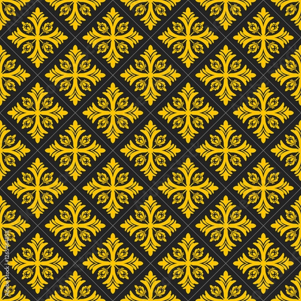 Fototapeta Elegant yellow floral pattern on black background, perfect for textiles