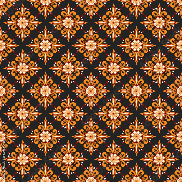 Fototapeta Bright floral pattern with orange and black background, perfect for textiles