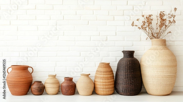 Fototapeta Handwoven baskets and pottery arranged against white brick wall, showcasing various textures and colors. warm tones create cozy and inviting atmosphere