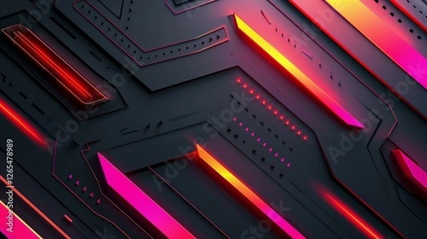 Fototapeta Abstract Dark Neon Circuit Board Background with Red and Pink Glowing Lines and Triangles