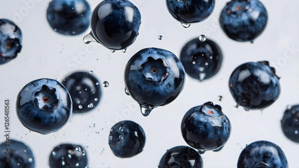 Obraz A refreshing and detailed macro shot of falling blueberries with water droplets on the surface creating a clean, fresh and light effect