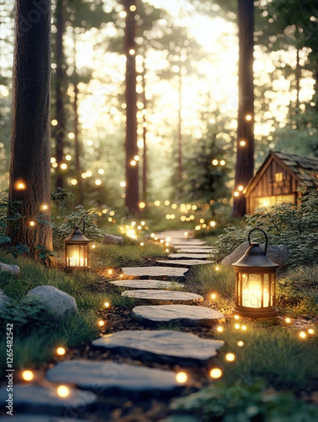 Fototapeta Enchanted forest pathway with lanterns and glowing lights leading to a cozy wooden cabin at dusk.