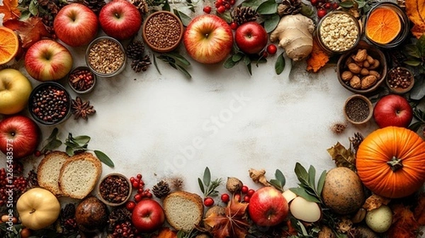 Fototapeta Autumn harvest arrangement with fruits, nuts, and spices on a rustic table setting