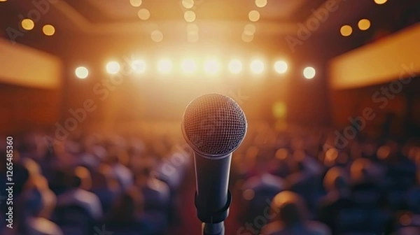 Obraz A corporate event with a motivational speaker inspiring attendees in a large auditorium.