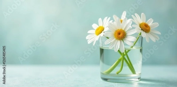 Fototapeta A square glass cup contains a bouquet of white chamomile flowers submerged in clear water, nature, elegance