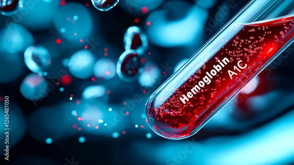 Fototapeta A test tube filled with red liquid labeled 'Hemoglobin A1C,' surrounded by abstract blue bubbles, representing blood analysis or diabetes monitoring.