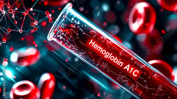Fototapeta A test tube labeled 'Hemoglobin A1C' is surrounded by red blood cells, representing a focus on blood testing and diabetes management.