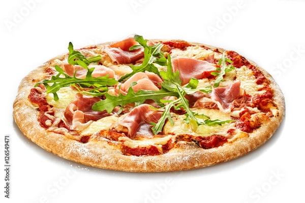 Obraz Pizza z szynką i rukolą izolować na białym tle