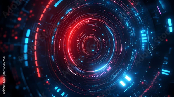 Fototapeta Futuristic Sci-Fi Art: Red and Blue Abstract Design with Concentric Circles and Dark Core