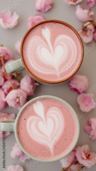 Fototapeta Delightful pink lattes with heart patterns surrounded by pink flowers