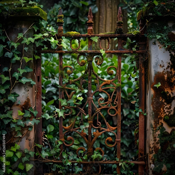 Fototapeta Rusted Metal Gate with Intricate Ironwork Partially Overgrown by Moss and Ivy