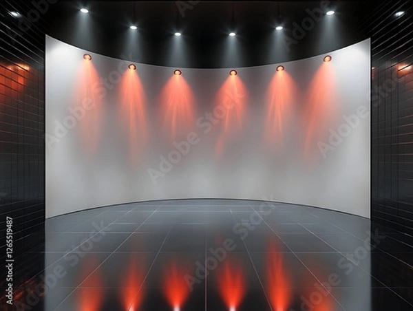 Fototapeta A curved white wall lit by six fiery red spotlights, positioned in a gallery with reflective black tiles and thin holographic light panels along the edges.