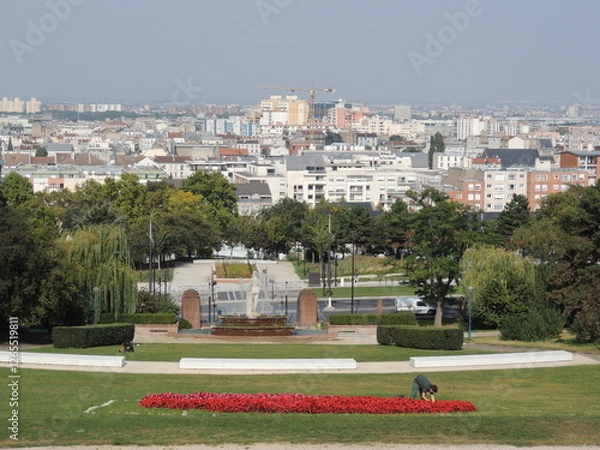 Fototapeta View of Les Lilas and Le Pré-Saint-Gervais from the Park de la Butte du Chapeau Rouge