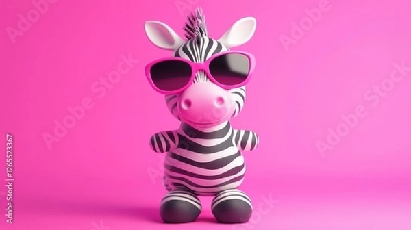 Fototapeta Adorable Cartoon Zebra in Pink Sunglasses Against a Vibrant Pink Background