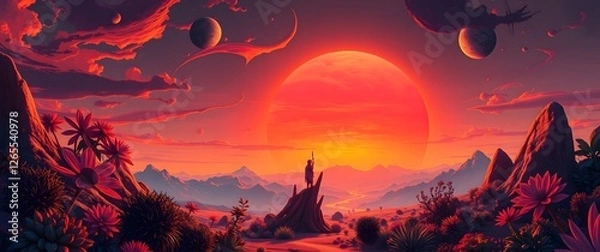 Obraz A surreal space wallpaper depicting a vibrant sunset on an alien planet, showcasing otherworldly flora and fauna in a painterly style, using warm oranges, pinks, and purples, drama.