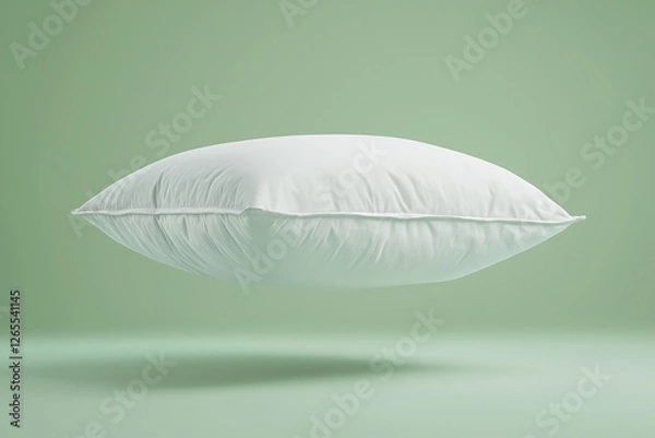 Fototapeta A white pillow floating in the air against a green background, product photography, studio lighting, high-resolution photography.


