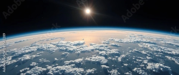 Fototapeta A space wallpaper showing a panoramic view of Earth from space, rendered in a photorealistic style with crisp details and realistic cloud formations, framed in a wide cinematic asp.