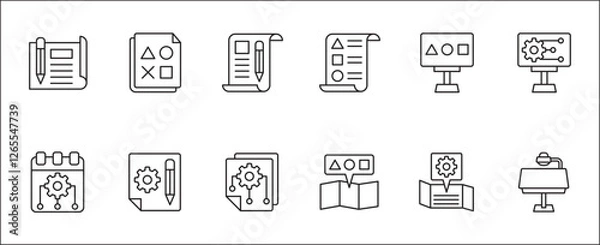 Fototapeta Business plan strategy icon set. Icon set contains symbol of event, finance, calculation, agenda, solution, list, goal, paper work, setting, management. Vector thin line icons.