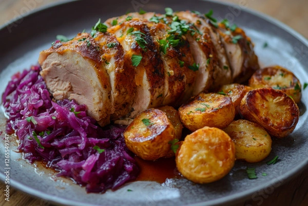 Fototapeta Delicious Beef Roast with Potatoes and Red Cabbage on a Plate